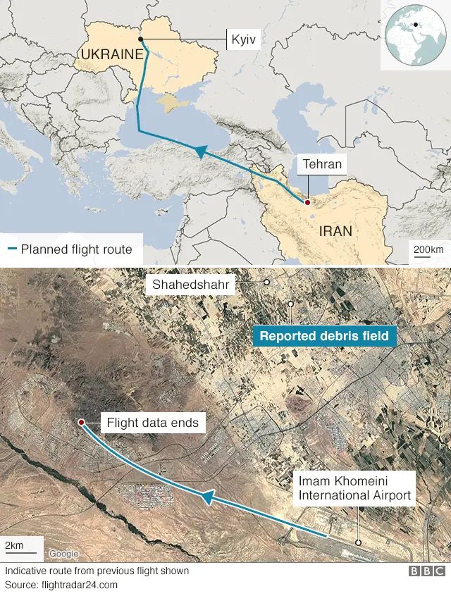 Map showing where the plane stopped sending data and where debris was found