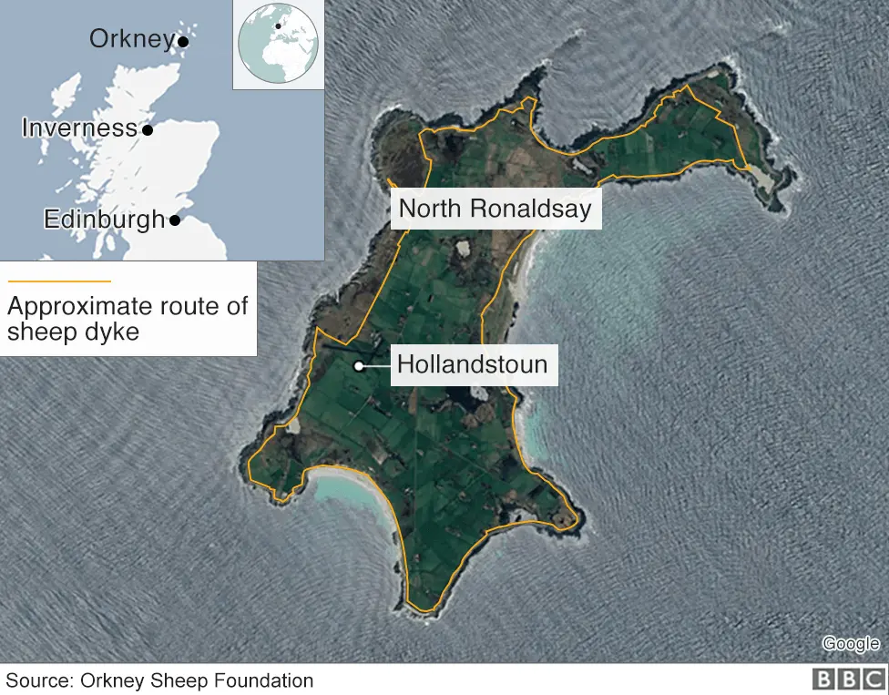 BBC Map of North Ronaldsay, showing path of wall