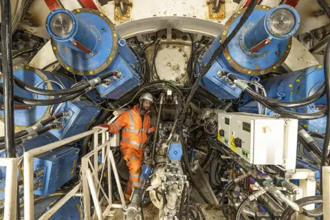 Getty Images Construction worker inside one of the two Tunnel Boring Machines, run by HS2 ltd