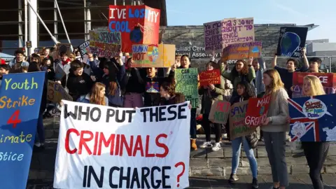 BBC Schoolchildren holding up anti-climate change placards