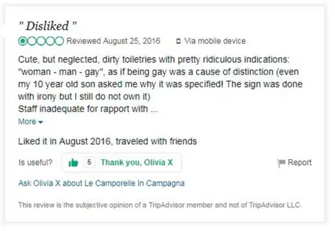 TripAdvisor Review text: "Cute, but neglected. Dirty toilets with ridiculous signs: 'woman, man, gay'. Even my 10-year-old son asked me why it was specified. The sign was supposed to be ironic but I didn't get it."