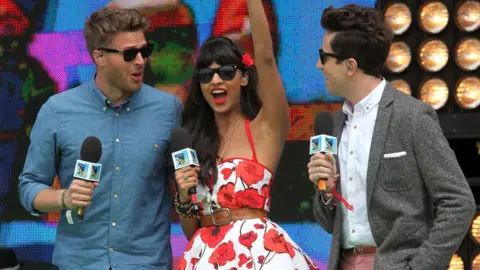 Getty Images Rick Edwards, Jameela Jamil and Nick Grimshaw