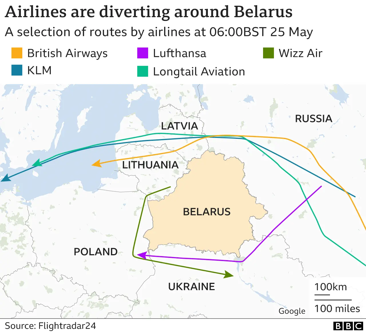 Map showing flight paths around Belarus