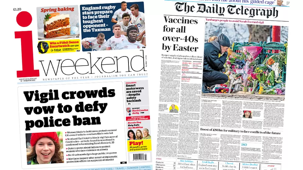 The i weekend and the daily telegraph front pages 13 March 2021
