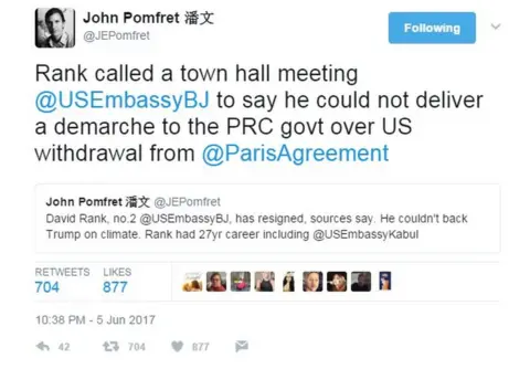 Twitter / @JEPomfret Tweet by John Pomfret saying: "Rank called a town hall meeting @USEmbassyBJ to say he could not deliver a demarche to the PRC govt over US withdrawal from @ParisAgreement"