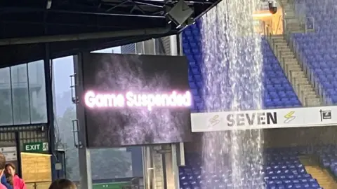 Jack Maclean/BBC A sign saying a football game has been suspended due to rain at Portman Road.