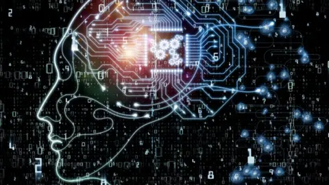 Graphic of a face in profile representing a computerised brain