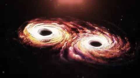 EPTA/Stelios Thoukidides Artist impression: The supermassive black holes at the heart of each galaxy spiral in on each other, sending gravitational shock waves across the Universe