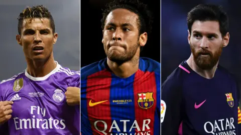 Getty Images L-R Cristiano Ronaldo, Neymar and Lionel Messi (file pics)