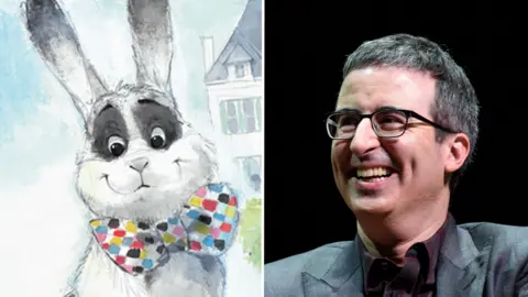 Chronicle Books/Getty Images An image of Marlon Bundo (a white rabbit with a rainbow bow tie) and John Oliver (a white human with no bow tie)