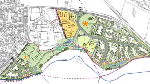 Robert Hitchins Ltd/FoDDC Map of plans submitted to the Forest of Dean District Council to develop almost 60 acres of agricultural land south of Gloucester Street, Newent.