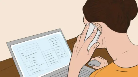 George Wafula/BBC Illustration of a woman on the phone while looking at a laptop
