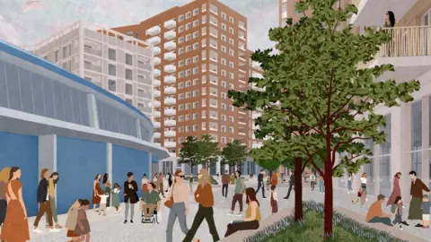 Elia Loupasaki Illustrative view of City Centre South from Rover Road towards Coventry Retail Market, facing east