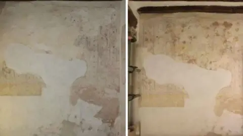 National Trust The wall paintings before (l) and after (r) restoration work was carried out