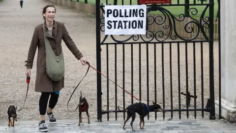 Getty Images A woman with dogs at a polling station