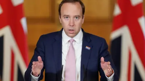 Getty Images Britain"s Health Secretary Matt Hancock speaking during a remote press conference to update the nation on May 1, 2020