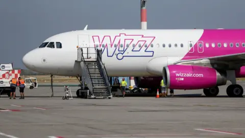 A Wizz Air aircraft on the tarmac at Budapest airport