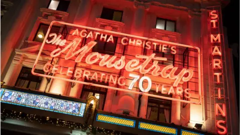 Getty Images An evening exterior of the St Martins Theatre where Agatha Christie's famous whodunnit, the Mousetrap has been running for over 70 years, on 5th January 2022, in London, England. (Photo by Richard Baker / In Pictures via Getty Images)