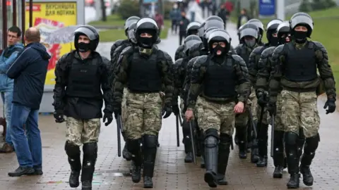 Getty Images Belarus riot police in Minsk, 11 Oct 20