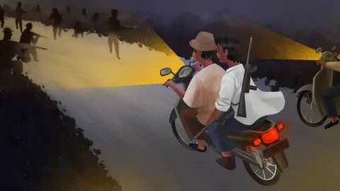 Davies Surya An illustration of a father and son on a motorbike riding into an ambush