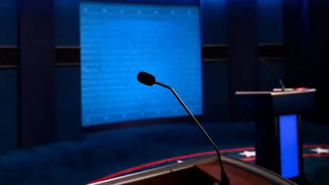 AFP via Getty Images A view of US President Donald Trump's microphone on the debate set at Belmont University on October 21, 2020, in Nashville, Tennessee.
