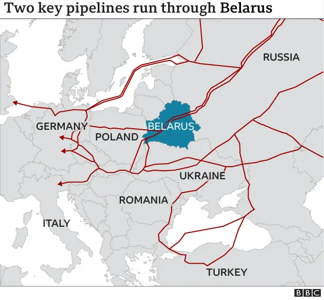 Map showing pipelines through Belarus