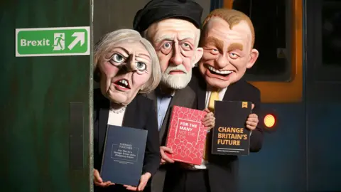 PA Actors depict three of the party leaders for an attraction at Thorpe Park