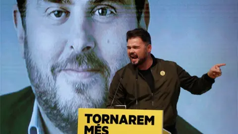 EPA Candidate of Catalan pro-independence ERC party for Lower Chamber of Spanish Parliament Gabriel Rufian delivers a speech during an ERC rally at L'Hospitalet de Llobregat, in Barcelona, Spain, 07 November 2019.