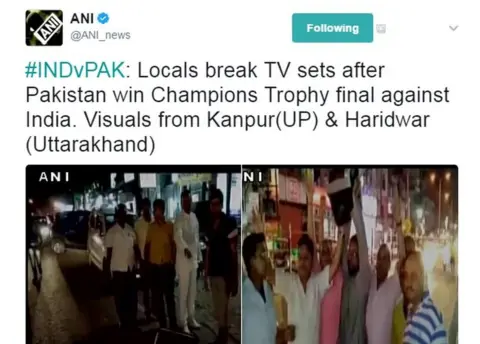 @ANI_news #INDvPAK: Locals break TV sets after Pakistan win Champions Trophy final against India. Visuals from Kanpur(UP) & Haridwar (Uttarakhand)