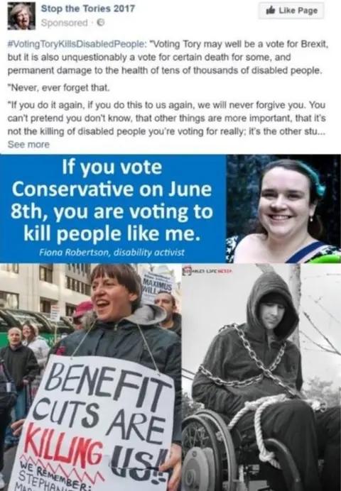 Stop the Tories/Facebook A post by Stop the Tories 2017 showing the slogan "you are voting to kill people like me"
