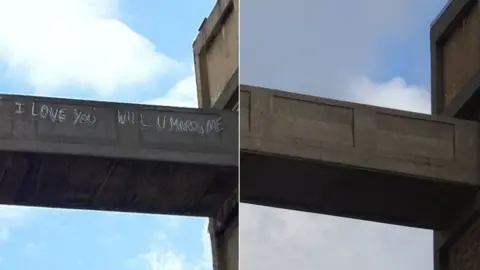 BBC The before and after pictures showing the graffiti being removed