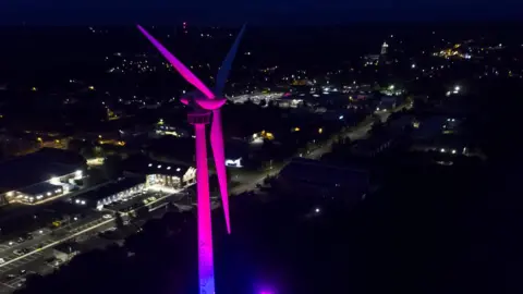 Turbine in Swaffham, Norfolk, lit up