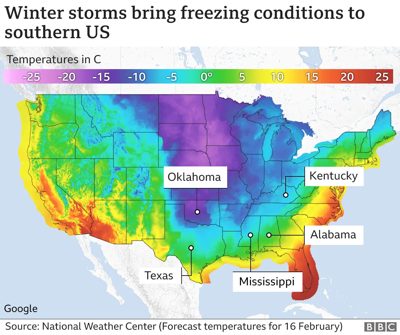 Map of freezing conditions in US