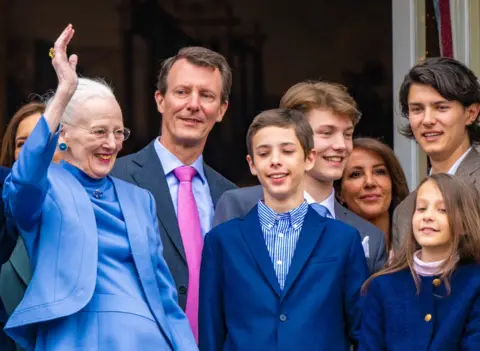 Rex Features Queen Margrethe on her birthday with son Joachim and grandchildren
