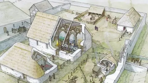 National Museum Wales Artists' impression of how the Llys Rhosyr on Anglesey settlement looked