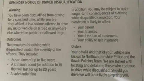 Northamptonshire Police Back of postcard showing text about the outcomes of being convicted of driving while disqualified