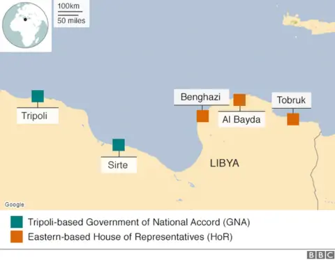 Map showing areas controlled by various groups in Libya