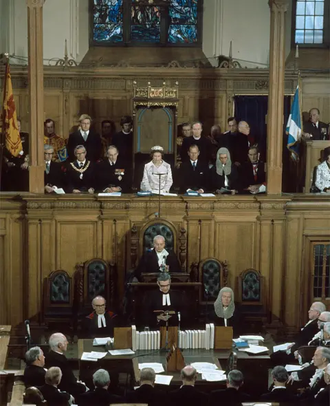 Getty Images The Queen delivers a speech during her Silver Jubilee visit to Scotland in May 1977