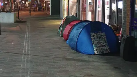 BBC Tent of homeless people in Abington Street, Northampton