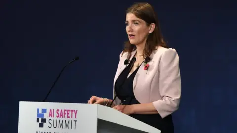 EPA UK science, innovation and technology secretary Michelle Donelan, speaks at the AI Safety Summit 2023 at Bletchley Park in Bletchley, Britain