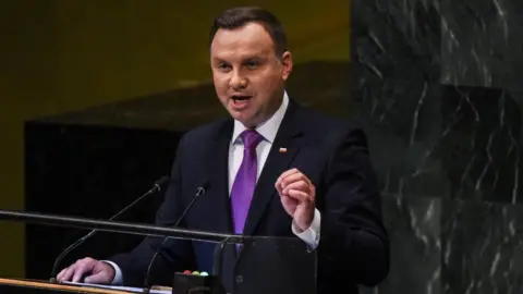 Getty Images Andrzej Duda speaking at UN General Assembly