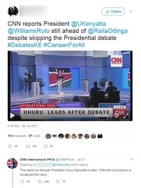 . Tweet showing a screengrab of the fake video and CNN International PR saying the report is fake and not produced by CNN