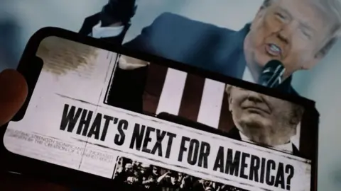 A still from the video with the headline "What's Next for America" as shown on a phone