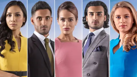 BBC Apprentice candidates Jasmine Kundra, Daniel Elahi, Sarah Byrne, Kurran Pooni and Sabrina Stocker