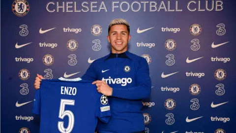 Enzo Fernandez holding a Chelsea shirt after his £107m move from Benfica
