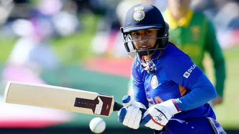 Getty Images India's Mithali Raj bats during the Women's Cricket World Cup match between South Africa and India at Hagley Oval in Christchurch on March 27, 2022.