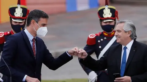 EPA Spanish Prime Minister Pedro Sanchez (L), greets Argentine President, Alberto Fernandez at the Casa Rosada in Buenos Aires, Argentina, 09 June 2021