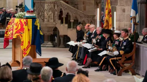 Jane Barlow/PA The Countess of Wessex, the Earl of Wessex, the Duke of York, King Charles III, the Queen Consort, the Princess Royal and Vice Admiral Sir Tim Laurence