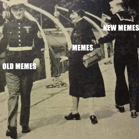 u/thoughtbludgeon/Reddit The image described above. In this case, the dapper man his 'old memes' written on him, the woman has 'memes' and the navy man has 'new memes'