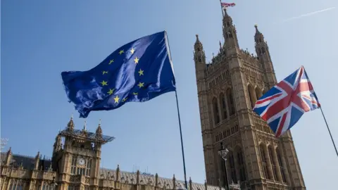 Getty Images A European Union (EU) flies alongside a British Union flag, also known as a Union Jack in London